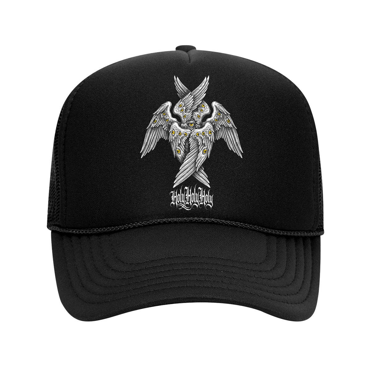 Holy Holy Holy Seraphim six-winged angel graphic on black trucker hat