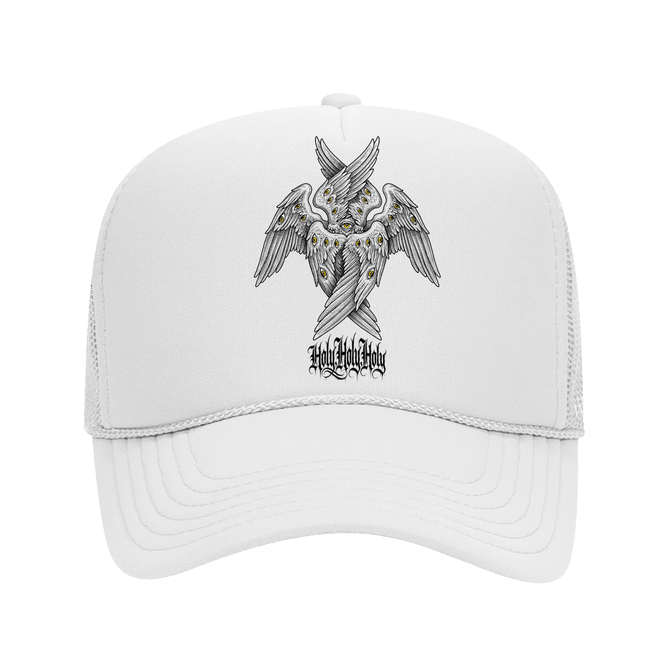 Holy Holy Holy Seraphim six-winged angel graphic on white trucker hat