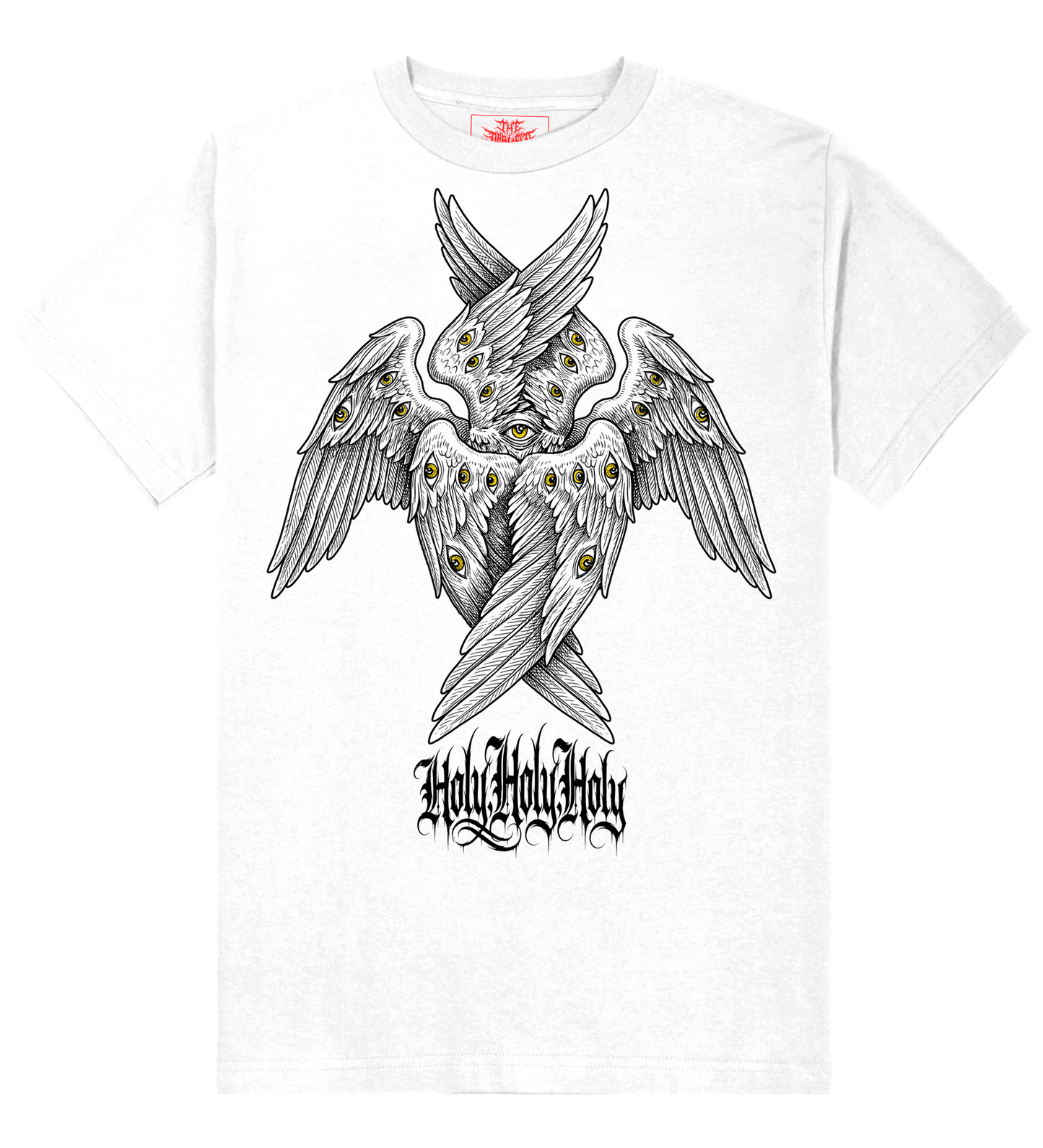 Holy Holy Holy Seraphim six-winged angel graphic on white t-shirt