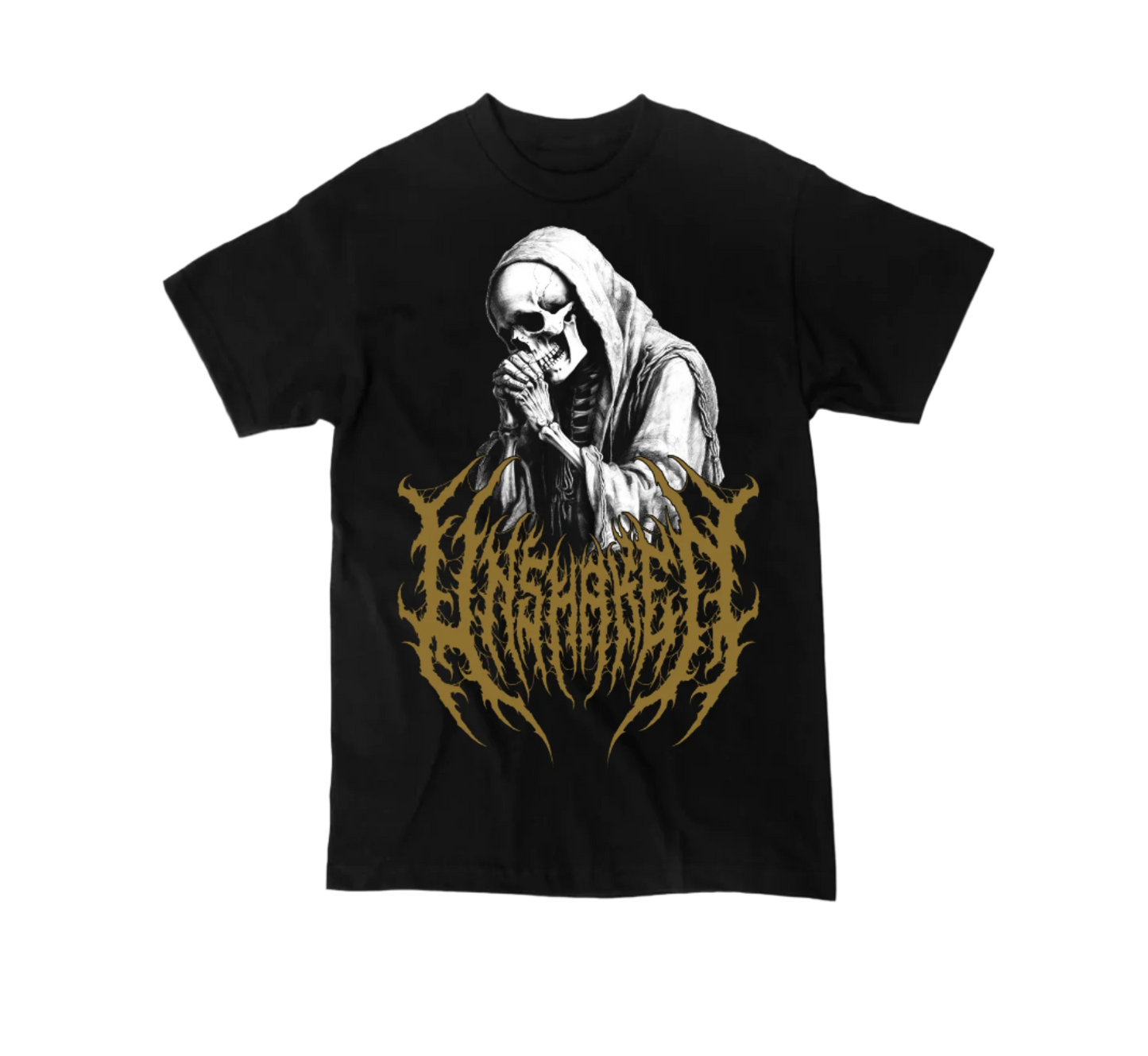 Unshaken Prayers design heavyweight Christian metal shirt in black with bold blackletter typography – The Dark Fit