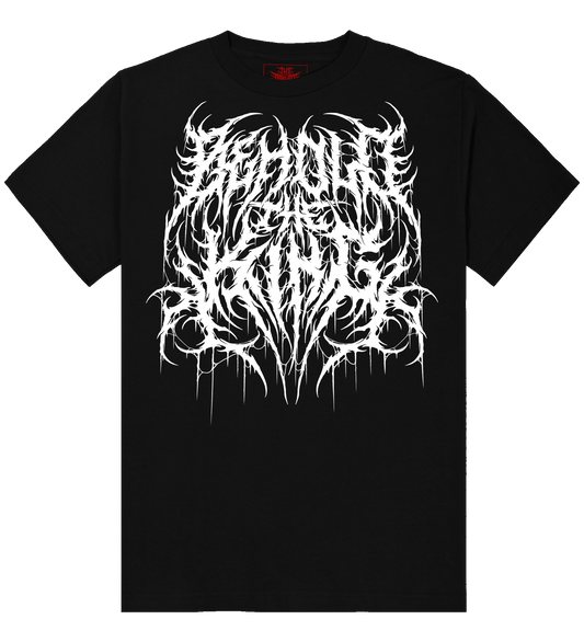Behold the King wordmark logo graphic on black t-shirt