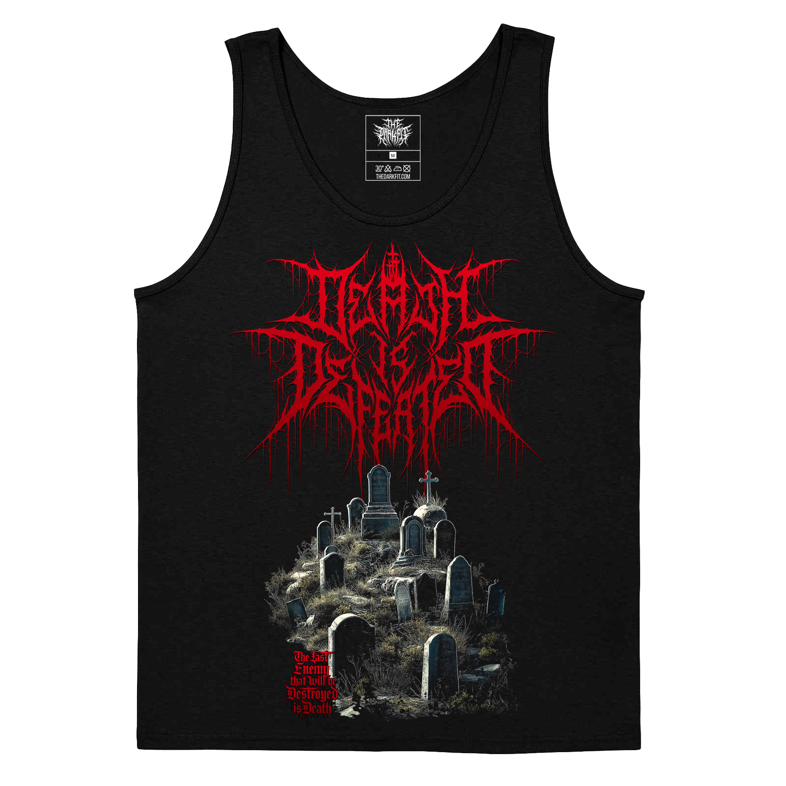 Death is Defeated Last Enemy Christian metal tank top – The Dark Fit