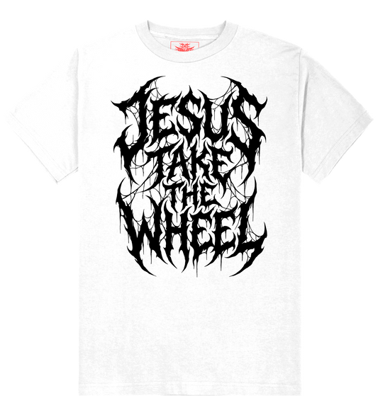 Jesus take the wheel logo design white
