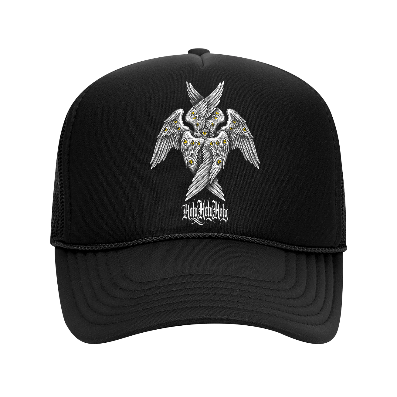 Holy Holy Holy Seraphim six-winged angel graphic on black trucker hat