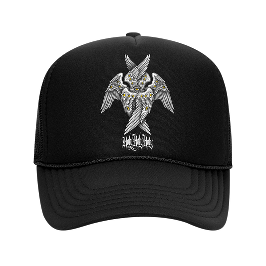 Holy Holy Holy Seraphim six-winged angel graphic on black trucker hat