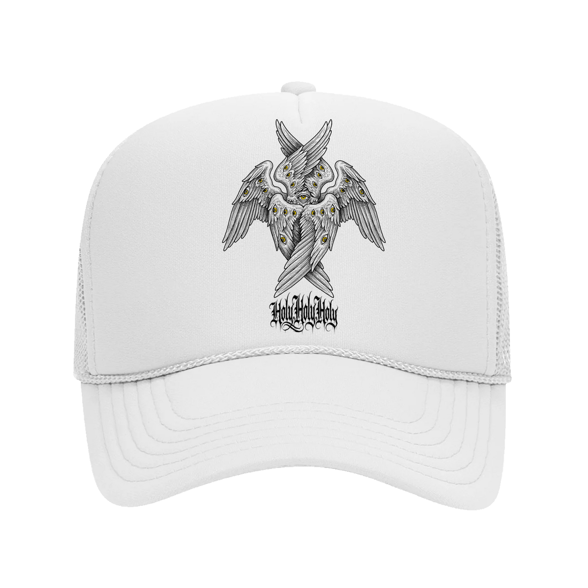 Holy Holy Holy Seraphim six-winged angel graphic on white trucker hat