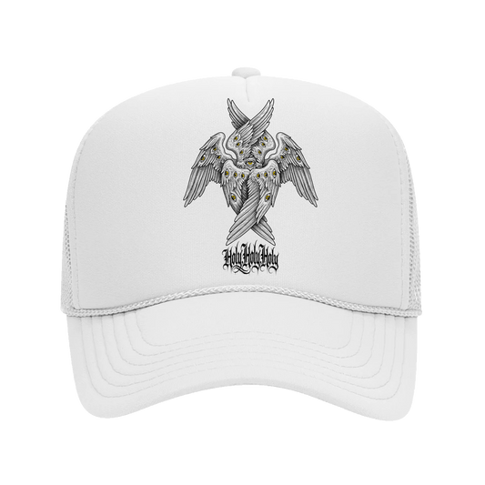 Holy Holy Holy Seraphim six-winged angel graphic on white trucker hat
