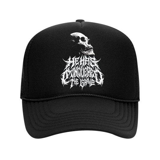He has conquered the Grave retro trucker hat