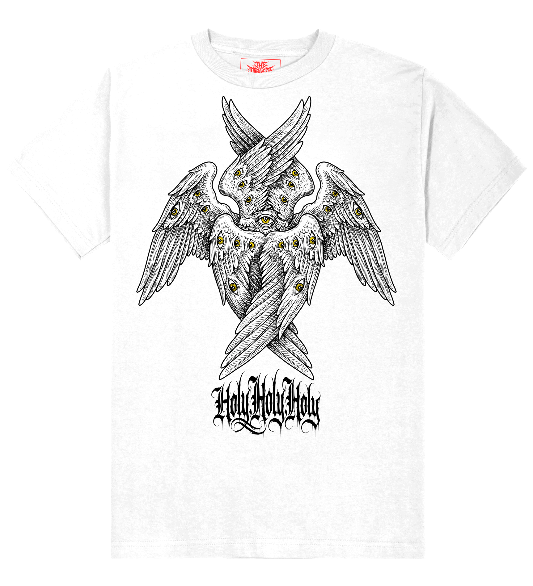 Holy Holy Holy Seraphim six-winged angel graphic on white t-shirt