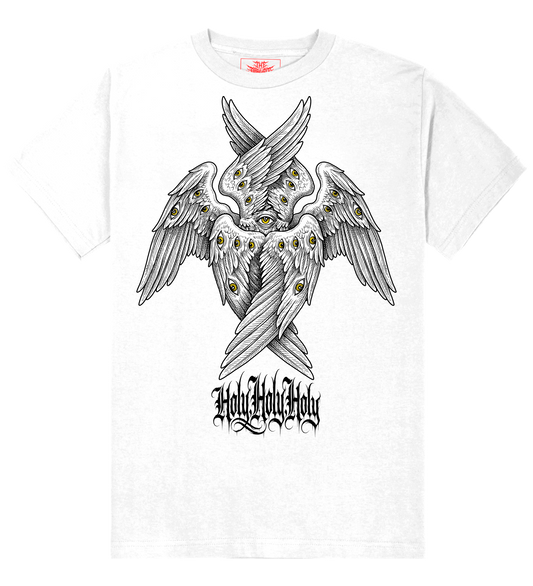 Holy Holy Holy Seraphim six-winged angel graphic on white t-shirt