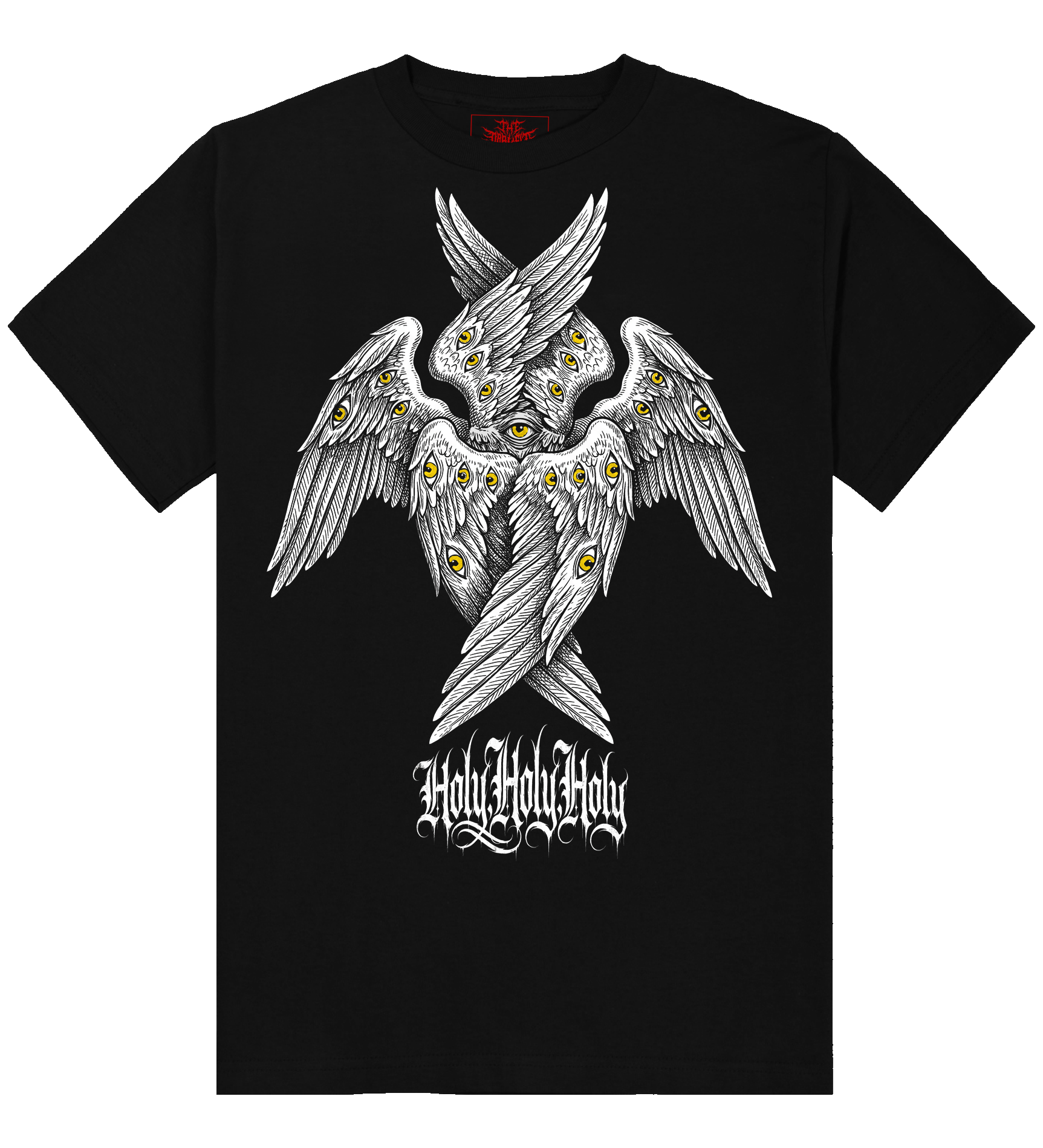 Holy Holy Holy Seraphim six-winged angel graphic on black t-shirt