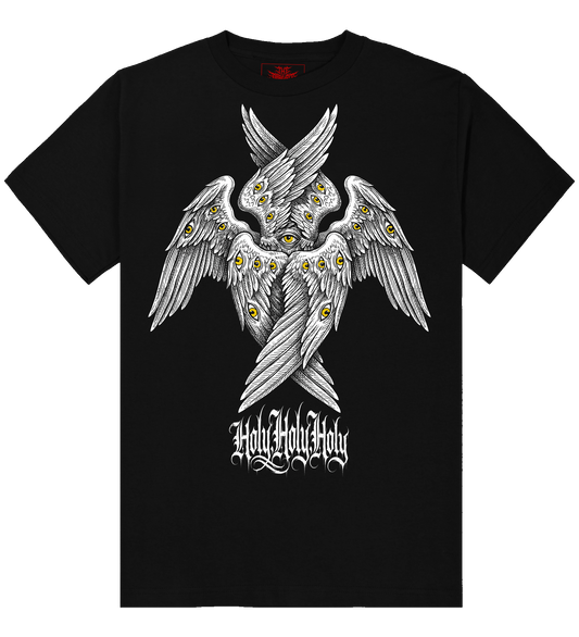 Holy Holy Holy Seraphim six-winged angel graphic on black t-shirt